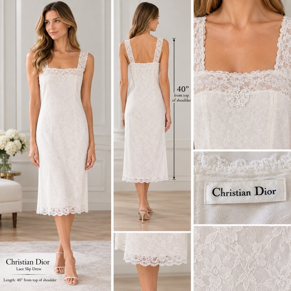 Christian Dior Vintage Lace Slip Dress Ivory White Floral Midi Lingerie CD Logo